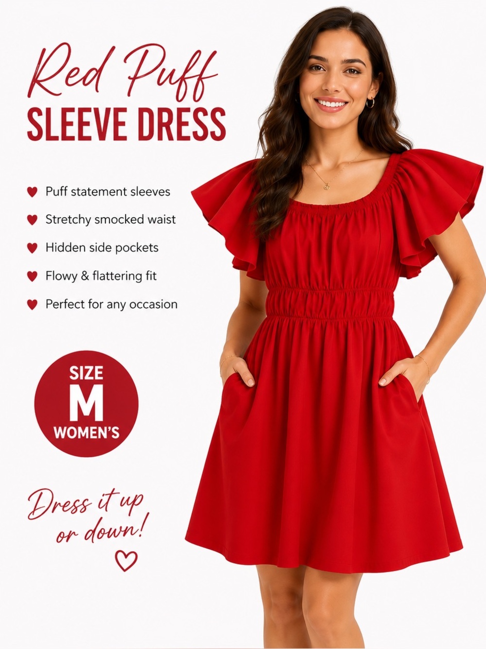 Red Puff Sleeve Smocked Waist Dress - Women's